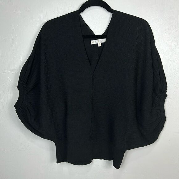 Karlie Viscose Black V-neck Dolman Sleeve Ribbed Knit Pullover Sweater Size S - Picture 2 of 9